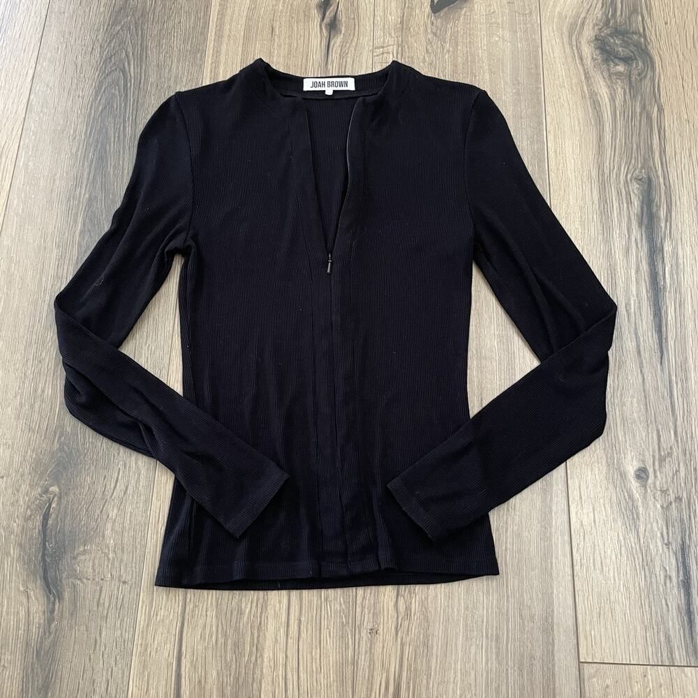 Joah Brown Invisible Zip Ribbed Long Sleeve Black Shirt Size Womens XS/S Stretch
